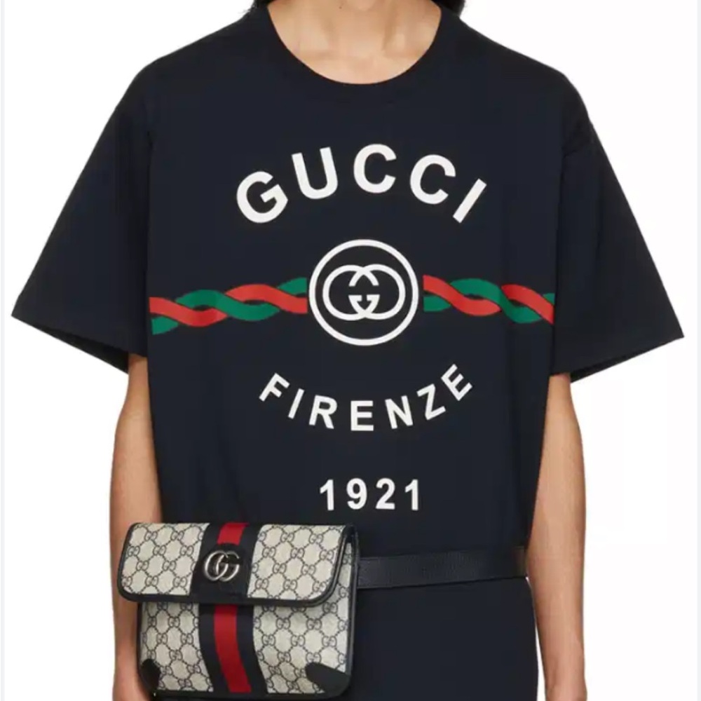 Gucci Black Short Sleeve Tee with Red and Green Accents